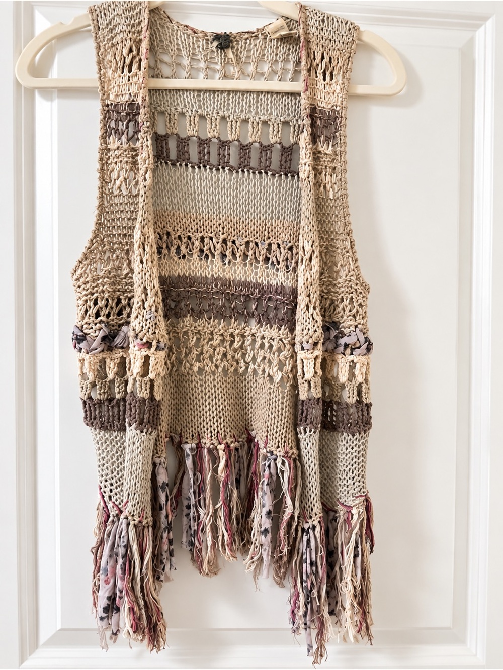 Handmade Crochet Fringe Vest in Neutral Beige & Taupe